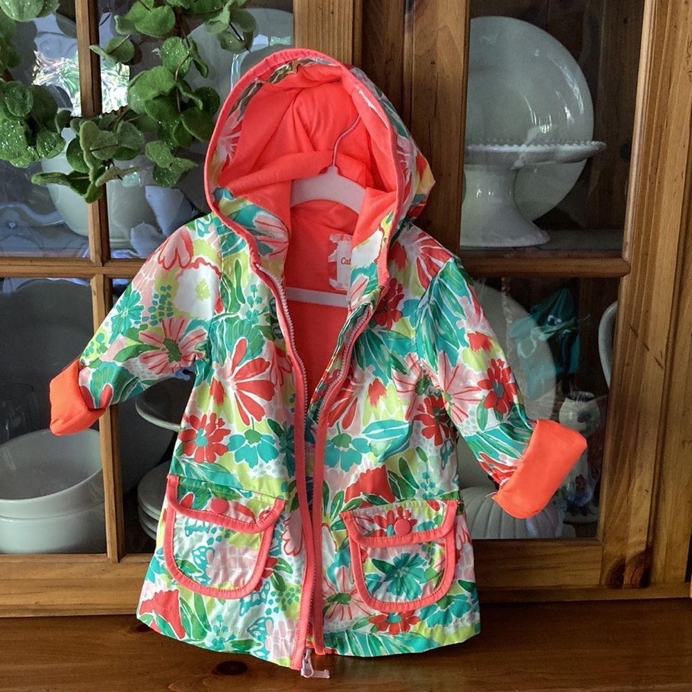 Cat & Jack Girls Floral Raincoat in Coral, Green & White